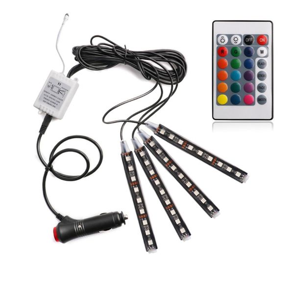

4-in-1 colorful rgb light bar 9led ambient light car interior decorative foot well with remote control