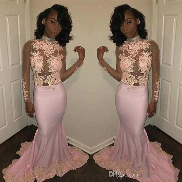

mermaid prom dresses seer high neck illusion long sleeve appliques beaded formal prom gowns robe de bal prom evening dresses, Black