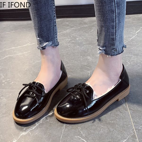 

if ifond winter female fluffy plush warm soft flats ladies slip on fashion comfort shallow casual shoes lace up leather shoes, Black