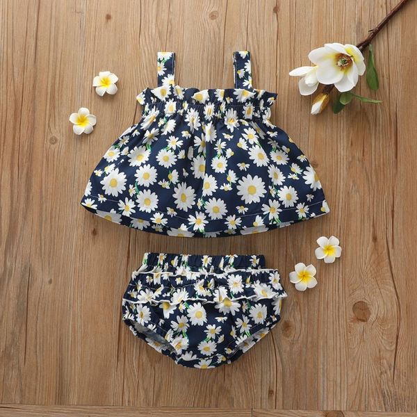 

newborn infant baby clothes 2020 summer toddler kids baby girls ruffle crop sunflower suspenders shorts headband outfit set, White
