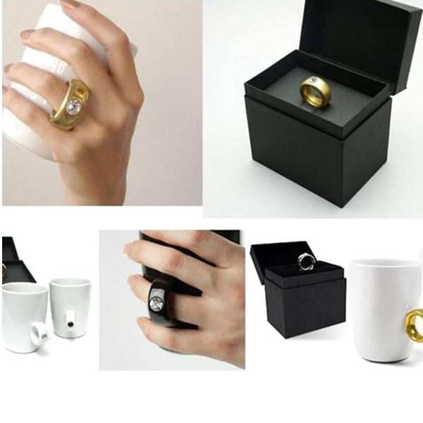 Großhandel - Kreative süße Geschenke Liebhaber Paar Elegante Kristall-Diamant-Ring-Tasse Keramik-Wasser-Milch-Kaffeetasse Trinkgeschirr Caneca schwarz weiß