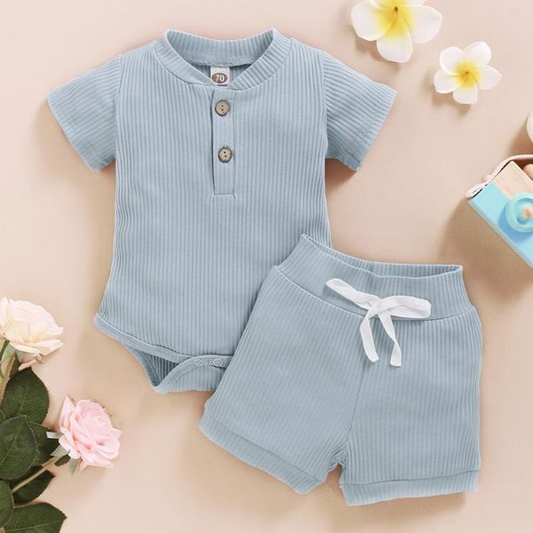 

toddler baby girls boys kids summer clothes set ribbed short sleeve button t-shirt + striped bowknot shorts outfits set new, White
