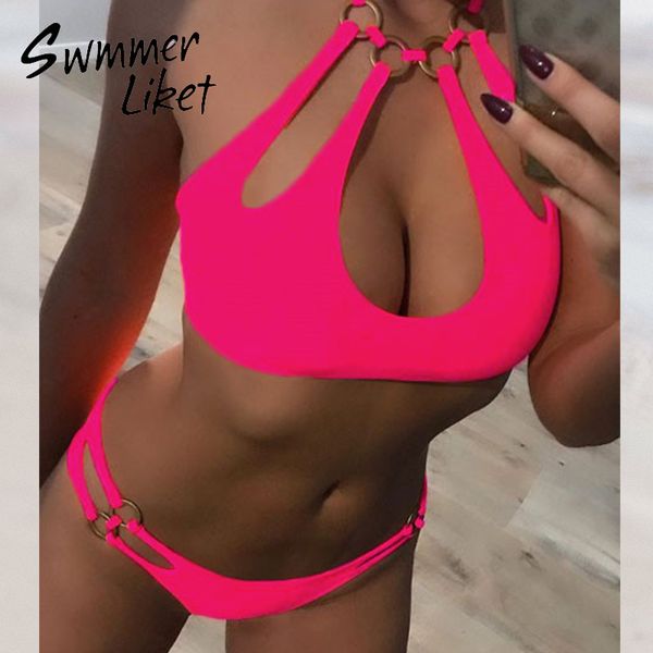 

pink halter swimwear women bathing suit brazilian ring bikinis 2020 mujer bathers high cut swimsuit female swimming suit, White;black