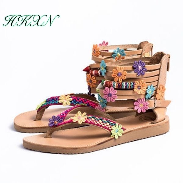 

hkxn 2020 summer new roman retro shoes ladies sandals fashion flower flat shoes sandals big 43 thick platform, Black