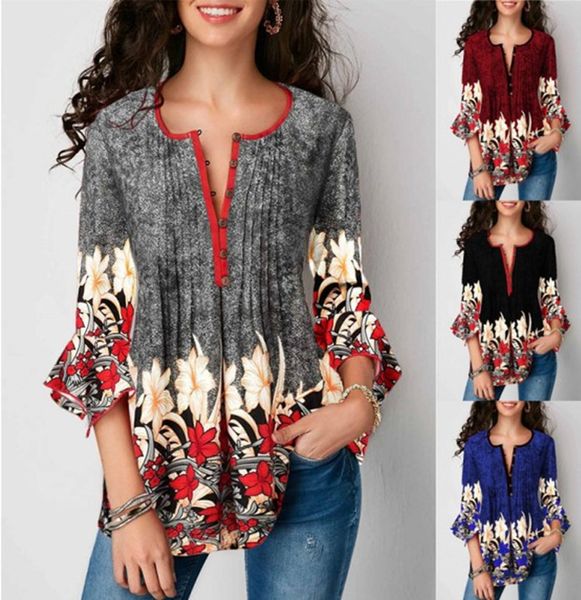 

three quarter sleeve v-neck shirt printed lotus leaf sleeve t-shirt, White