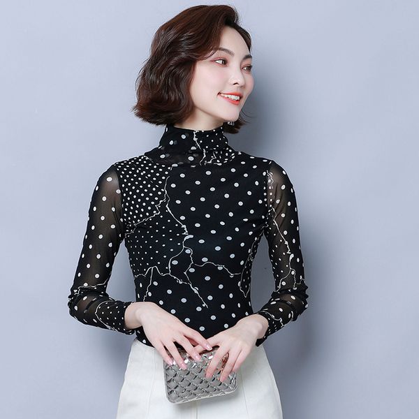 

women's blouses & shirts plus size 2021 women full sleeve polka dot turtleneck slim blouse shirt black 9925, White