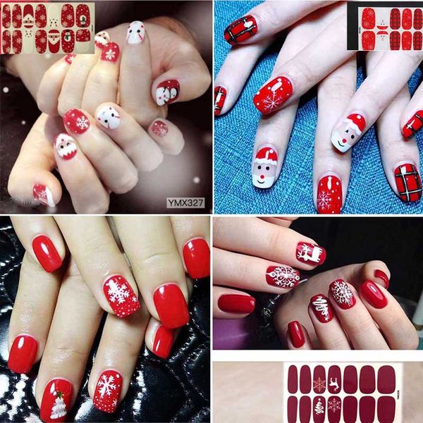 Acheter Mignon De Noël Flocon De Neige Père Noël 3D DIY Fashion Style Art Plastique Court Faux Autocollant Faux Ongles Rouge Colle Gel Conseils De