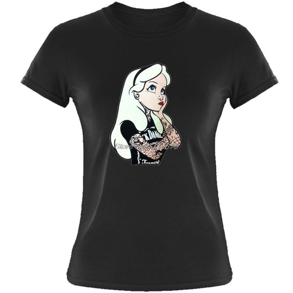 

alice in wonderland tattoo print t shirts new women short sleeve cotton t-shirt casual hip hop tees harajuku streetwear, White