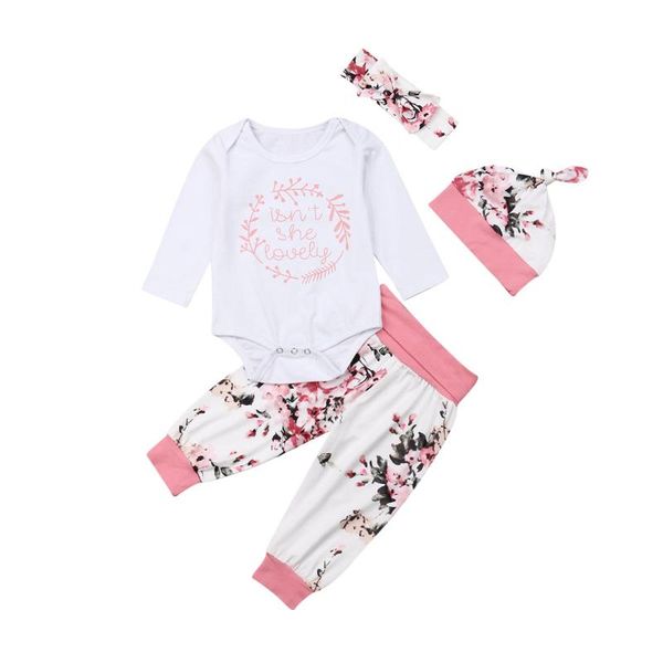 

4шт осень новорожденных малышей baby girl одежда set isnt прекрасные длинные рукава письмо bodysuit top + цветочные штаны + стяжкой + hat эп, White