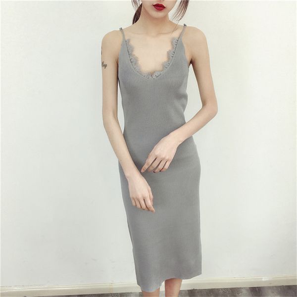 

new women spaghetti strap dresses split v-neck lace patchwork knitted dress ladies sleeveless bodycon tank dress vestidos p022, Black;gray