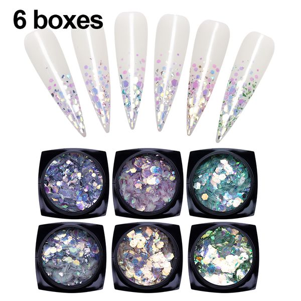 

12/6/1 ящики для ногтей пудра блестки flake блеск голографическая nail art paillette хлопья 3d маникюр украшения designs, Silver;gold