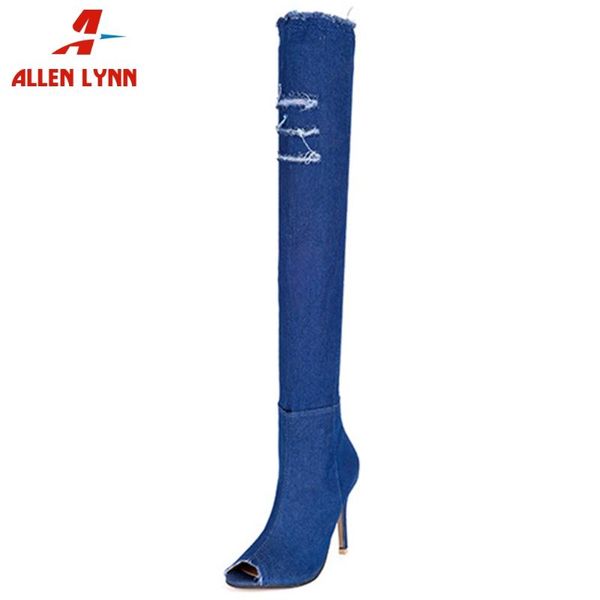 

allen new ladies high heel shoes woman cool peep toe thigh high boots women spring fashion over the knee denim boots, Black