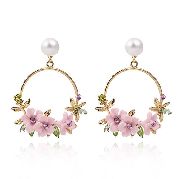 

1 pair personality polymer clay sakura decorative border circular rhinestone pearl women luxury dangle earrings, Silver