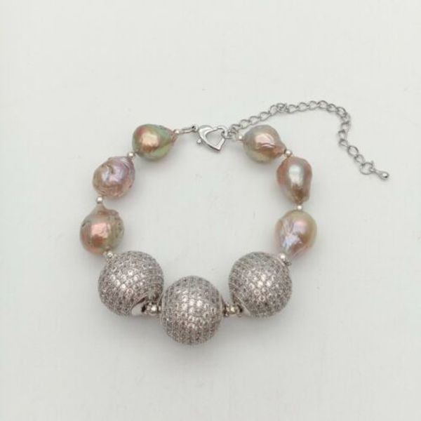 

new 8" natural 12x15mm purple keshi pearl cz pave bead bracelet, Black