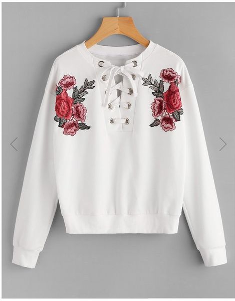 

fashion-oidered flower patch grommet lace up sweatshirt 2017 autumn round neck pullovers white long sleeve sweatshirt, Black