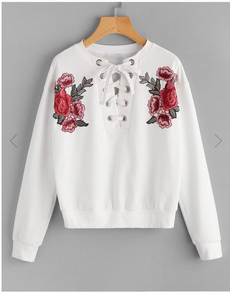 Moda-oidered Remendo Flor Grommet Lace Up Camisola 2017 Outono Em Torno Do Pescoço Pullovers Branco Manga Comprida Camisola