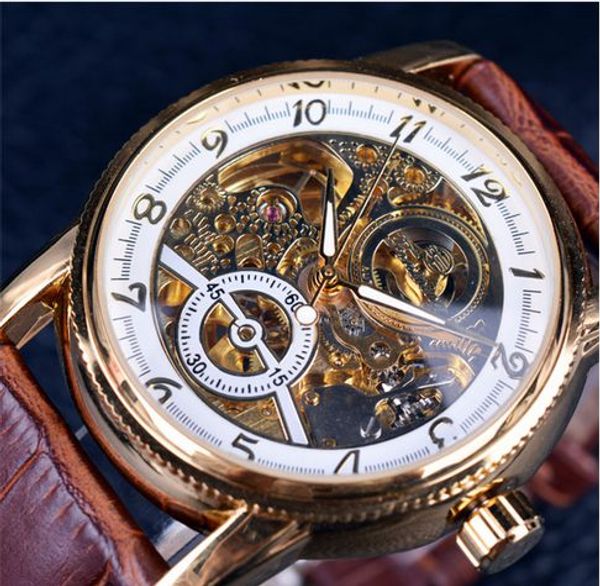 

2021 forsining brand luxury hollow engraving skeleton casual designer black golden case gear bezel watches men automatic watches, Slivery;brown