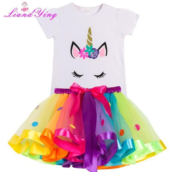 

girl clothing sets polka dot rainbow tulle kids sets 2 pcs white cartoon t-shirt unicorn tutu