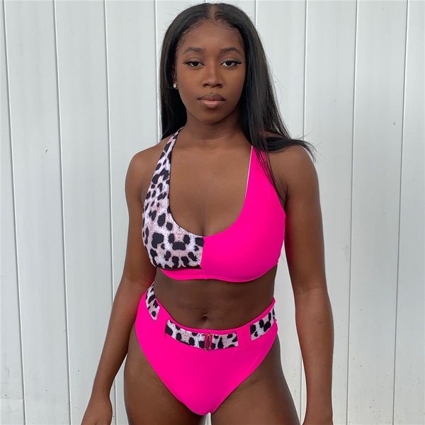 

neon pink bikini 2019 leopard print patchwork belt high waist swimsuit metal button swimwear women hollow out bathing suit