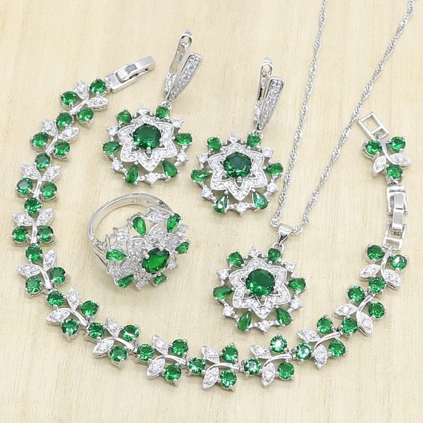 

women 925 sliver jewelry sets flower shape green semi-precious wedding bracelets necklace pendant earrings rings gift box, Silver