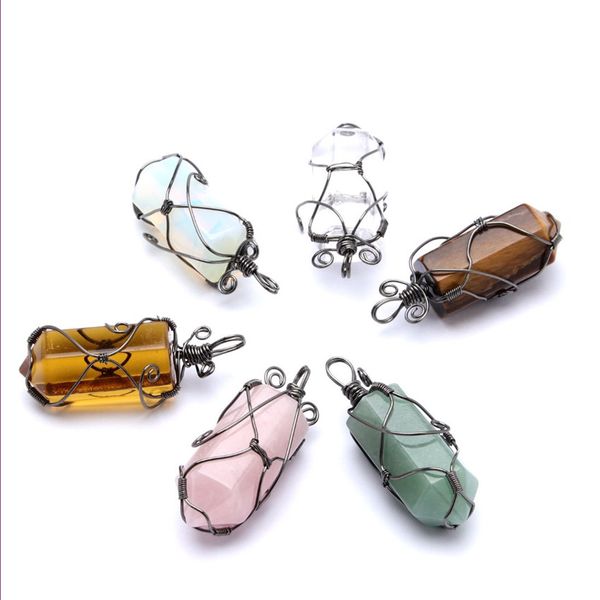 

wholesale 10 pcs silver plated wire wrap geometric tiger eye stone pendant rose quartz for gift jewelry
