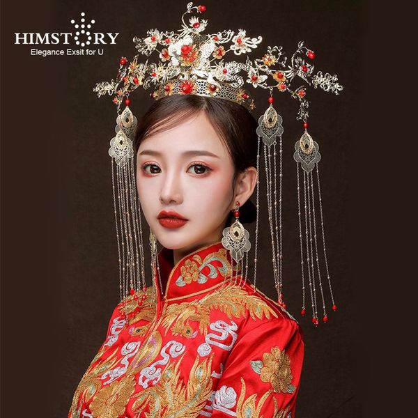 

himstory retrochinese vinatgebridal headdress costume large red flower gold long tassel stage wedding jewelry hair accessories, Golden;white