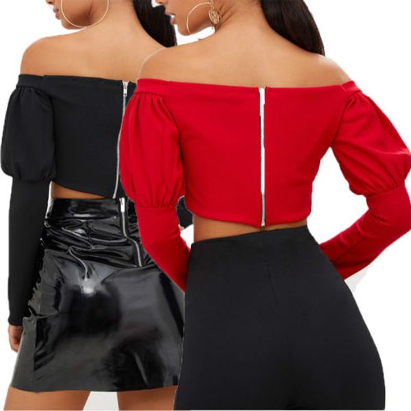 

zip lantern sleeve 2018 new fashion women's long sleeve basic crop off-shoulder stretch t shirt, White