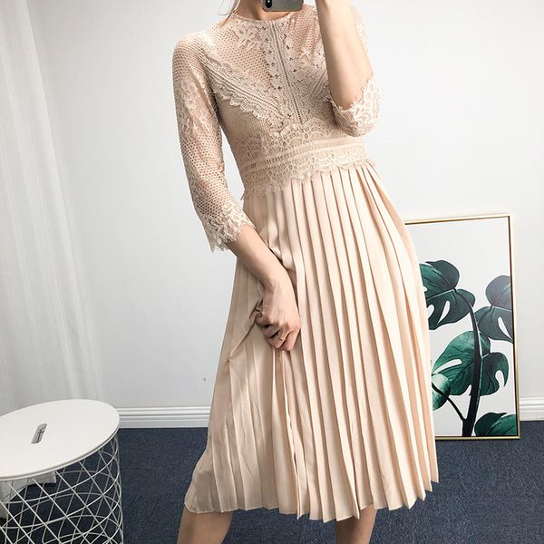 

2020 new design ladies fairy dress o-neck lace patchwork pleated women solid a-line long sleeve sweet spring dresses vestidos, Black;gray