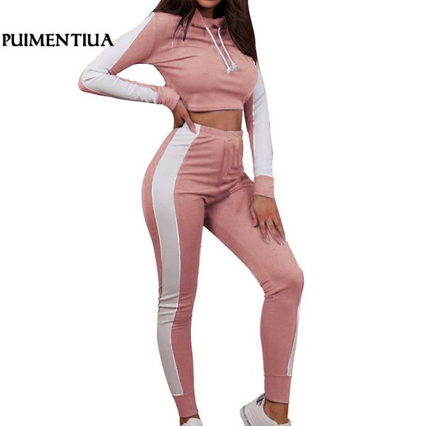 

puimentiua pink solid patchwork casual 2 piece set hoodie crop skinny pants sweatsuits two piece tracksuits 2019 new, White