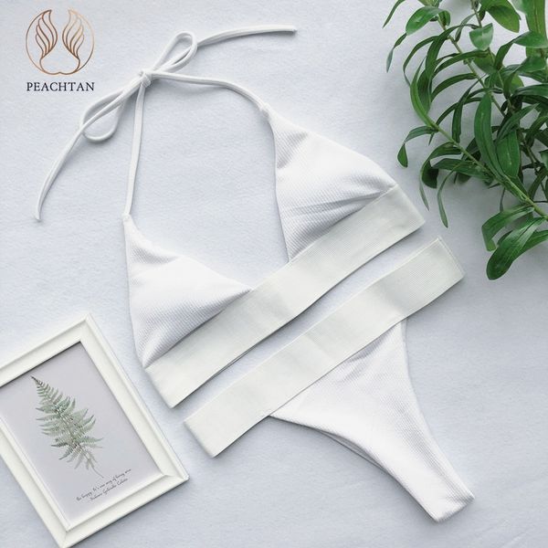 

peachtan halter white bikinis 2019 mujer push up swimsuit women thong swimwear bathing suit biquini new beachwear summer, White;black