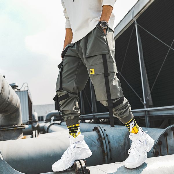 

2020 новый хип-хоп joggers штаны мужчину шаровары multi-карманные ленты люди sweatpants вскользь mens уличной s-6xl, Black