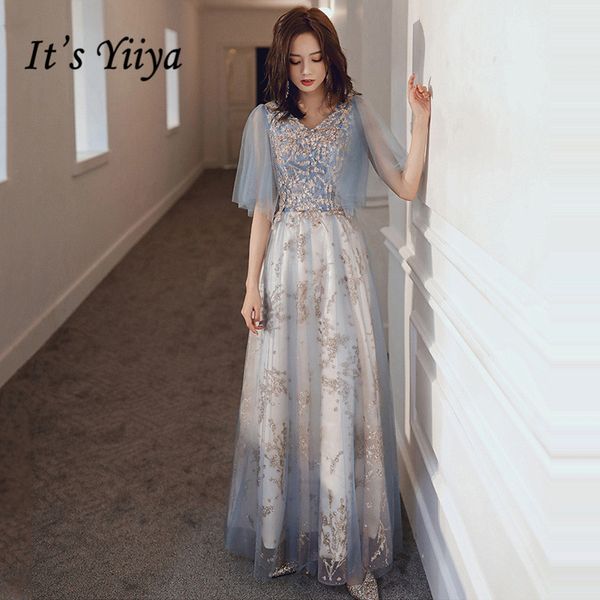 

evening dresses long it's yiiya ar263 v-neck short sleeve vestidos de fiesta de noche blue shining gold applqiues evening gown, White;black