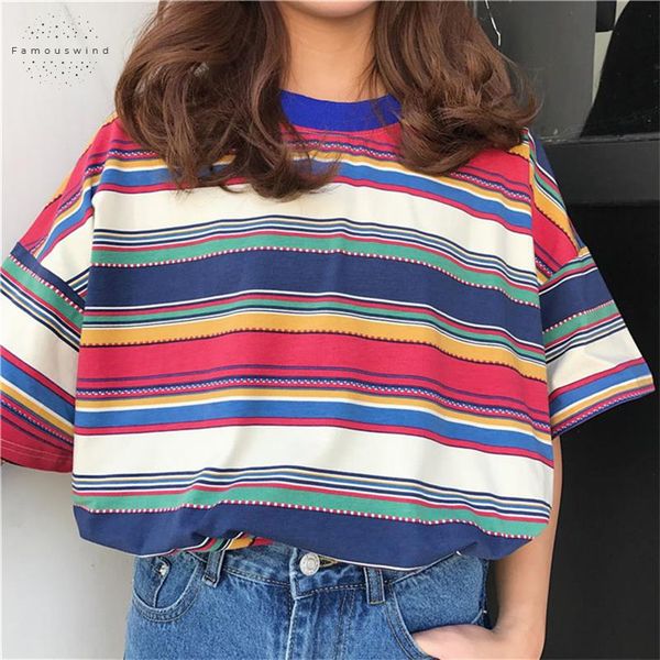

womens women shirts tunic japan harajuku ladies ulzzang fresh striped color rainbow t shirt female korean kawaii for women, White