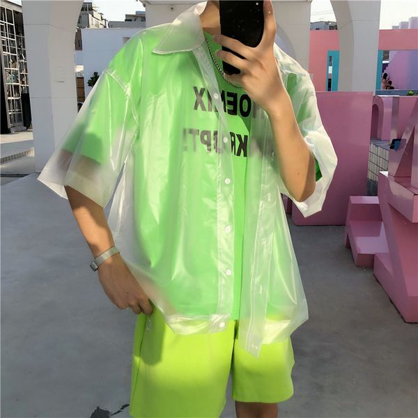 

new men plastic transparent short-sleeved shirt waterproof jacket fashion tide see through clear pvc chic shirts, White;black