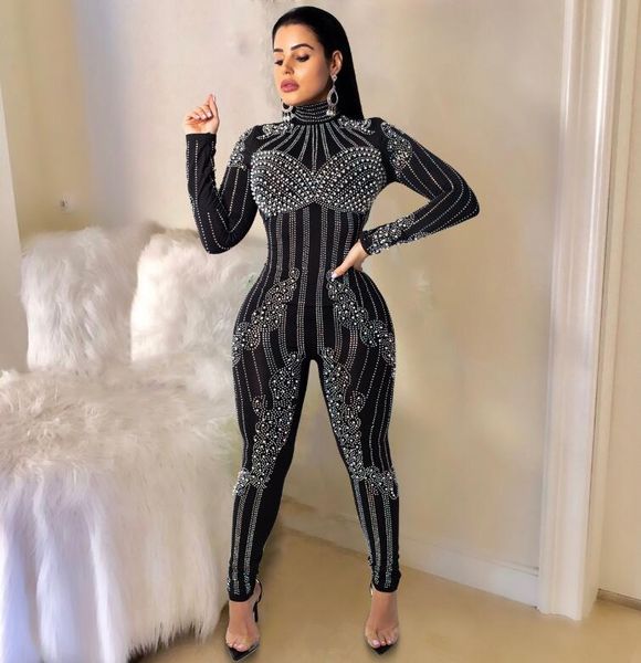 

black white mesh jumpsuit high neck long sleeve pearls women night club party romper fashion overalls costumes me-77