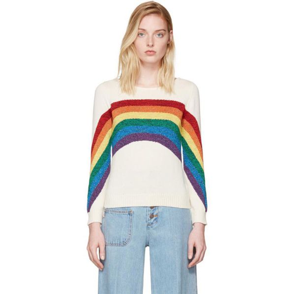 

2019 korean style rainbow striped women sweaters and pullovers runway long sleeve female knit sweater jumper christmas clothes, White;black