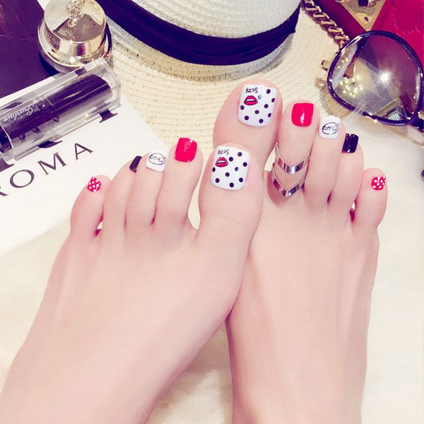 

2018 new manicure fashion red toenails nail foot patch nail j54 products full tip summer daily manicure feet decor, Red;gold