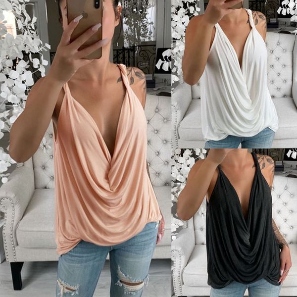 

women deep v-neck strap tank wrap ruffle pleated summer beach hh88, White