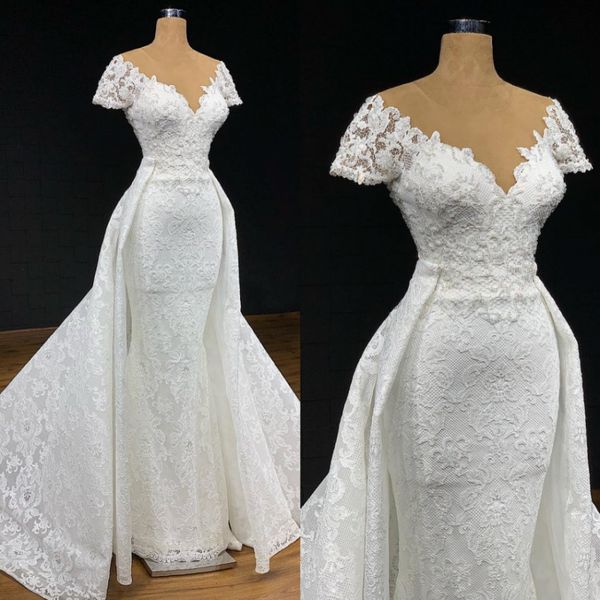 

classy mermaid beaded lace wedding dresses with detachable train sheer v neck short sleeves bridal gowns appliqued trumpet robe de mariÃ©e, White