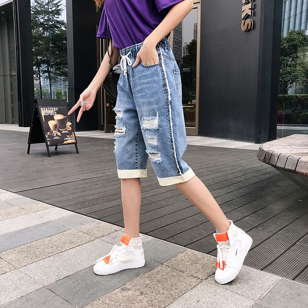 

casual denim short jeans summer plus size loose fat mm slim shorts elastic waist spring trousers high waist short pants a060, Blue