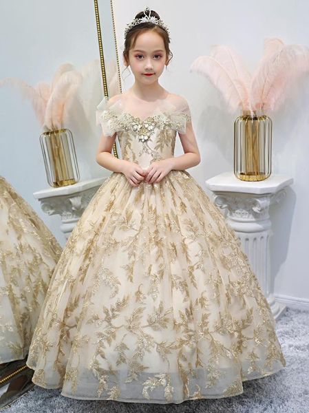 

real picture champagne girls dresses for party off the shoulder lace ball gown kids children fashion clothes any size, Red;yellow