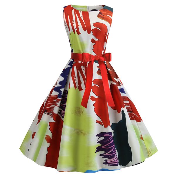 

summer dress 2019 fashion women graffiti print evening party prom swing bow belted halter hepburn dress vestidos robe femme, Black;gray