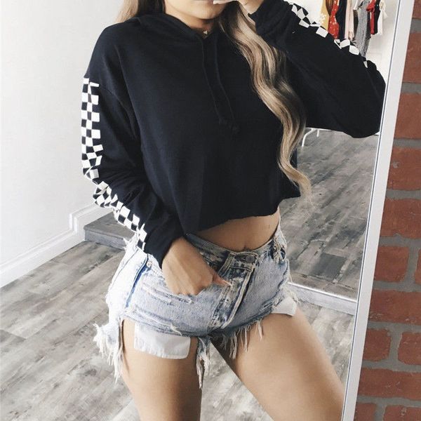

womens crop pullovers hooded sweatshirt ladies long sleeve cropped hoodies new autumn girl women, Black