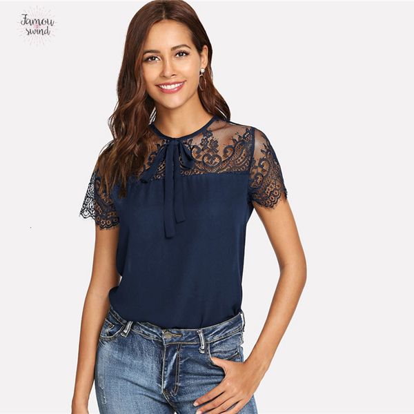 

tie neck lace блуза плеча contrast кнопка mesh весна top выходные повседневная вокруг шеи женщина топы и блузки, White