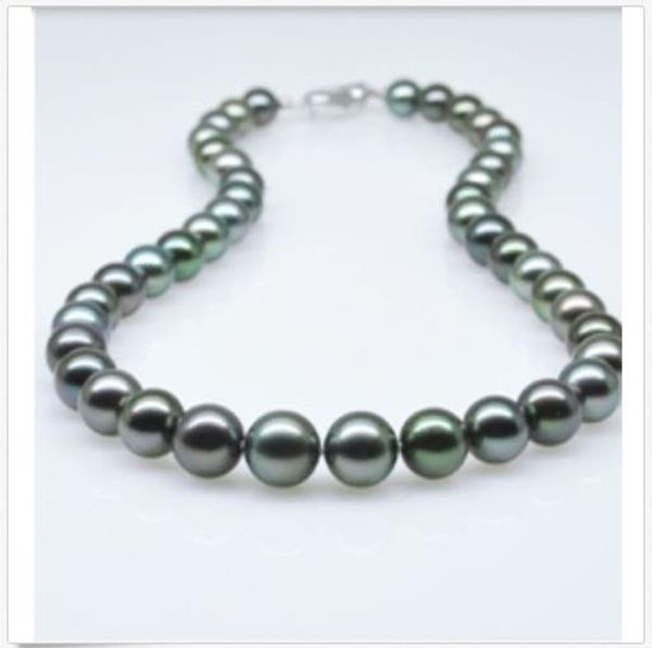 

aac stunning aaa10-11mm round tahitian black green pearl necklace 18inch 925s, Silver