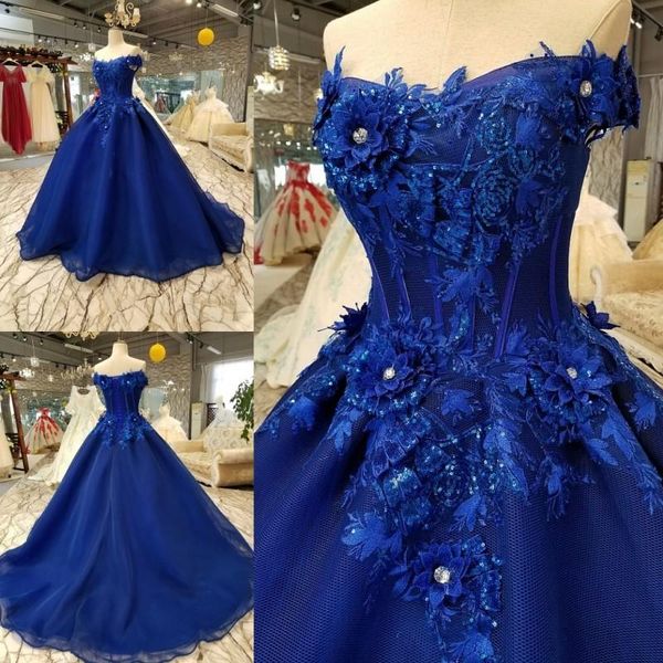 Abito da ballo blu royal Abiti Quinceanera Sweetheart con spalle scoperte Corte dei treni Abito formale Abiti da sera Indossare abiti da ballo per spettacoli Ve258E