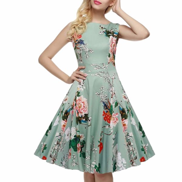 

fashion women dress retro vintage 1950s rockabilly floral o neck swing summer dresses elegant bow-knot tunic robe #270634, Black;gray