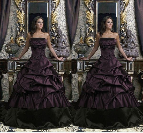 

strapless gothic dark purple taffeta wedding dresses ruched sleeveless vintage ball gown bridal dresses plus size, White