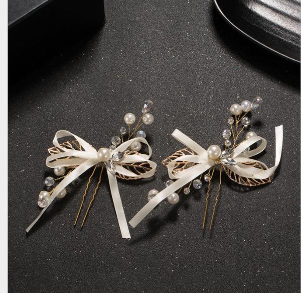 

korean hairpin handmade pearl hairdress bow bride wedding dress accessories, Slivery;golden