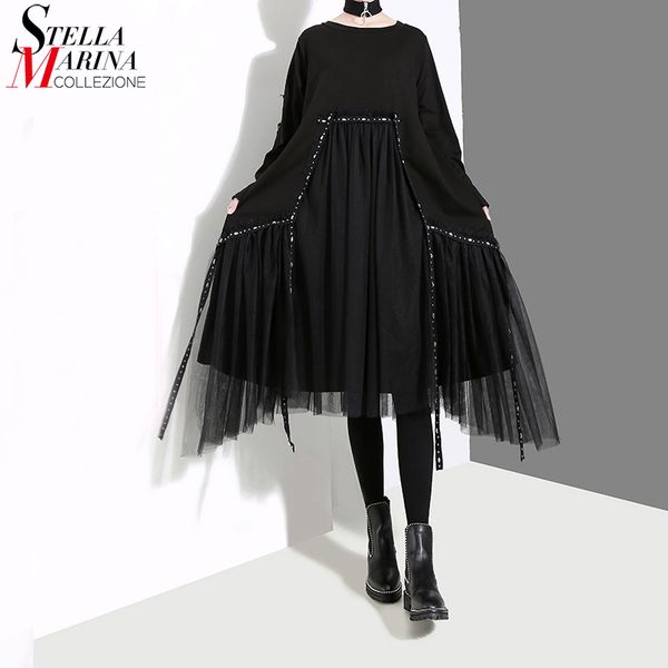 

new 2019 korean style women autumn winter black loose dress long sleeve mesh overlay ladies casual midi dress holiday robe 4564, Black;gray